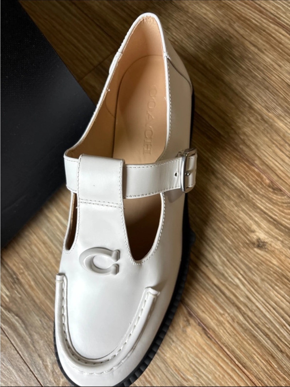 Coach White Leather Mary Jane Loafers with Black Lug Sole - Picture 2 of 4